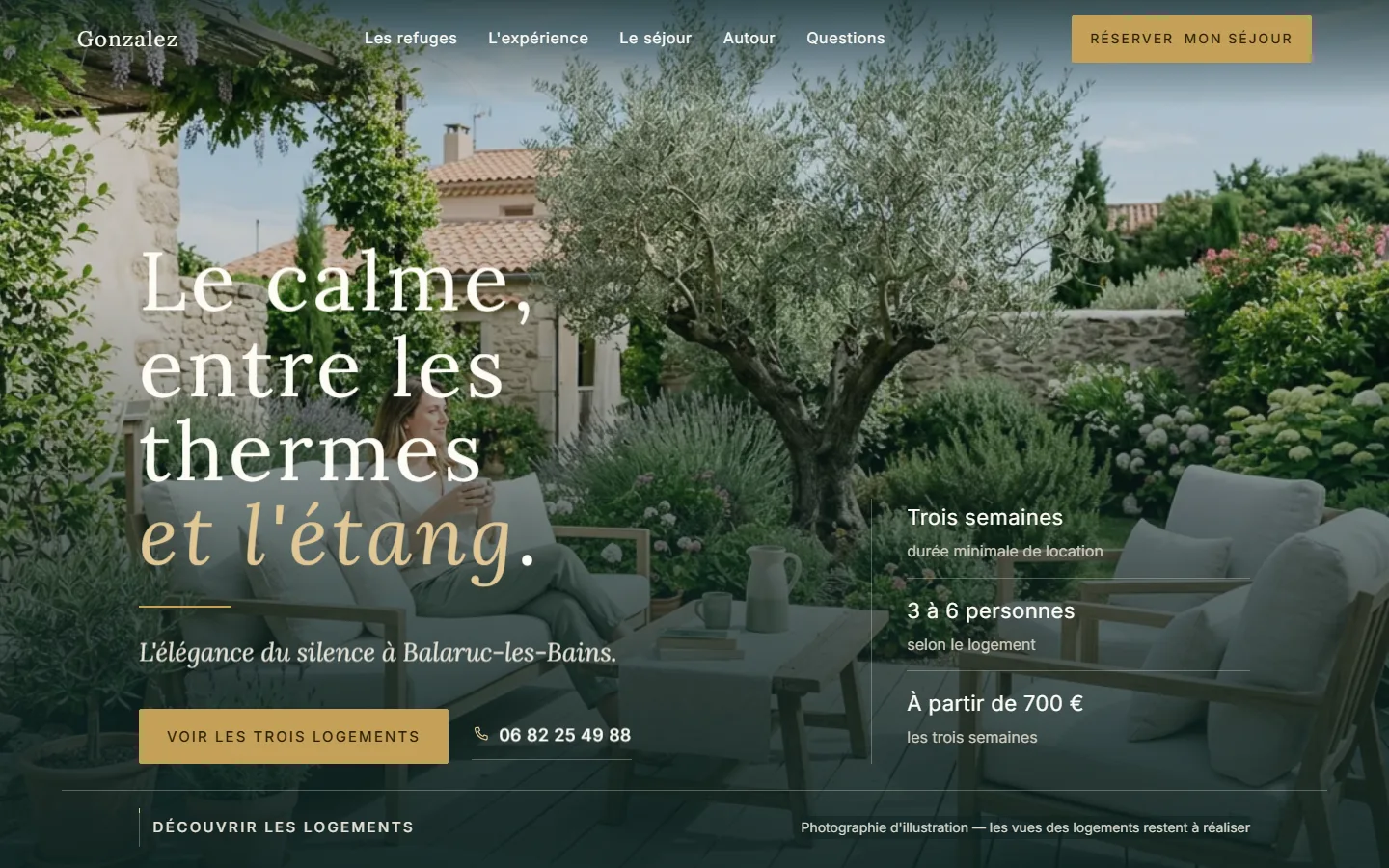 Aperçu de la page d'accueil L'Épure Thermale : titre « L'art de la cure » sur une photo de l'étang de Thau au crépuscule.